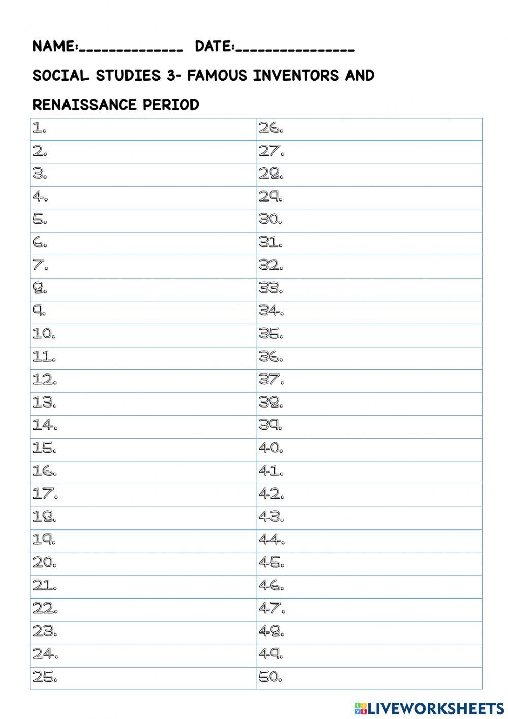 Famous inventors and the renaissance-answer sheet
