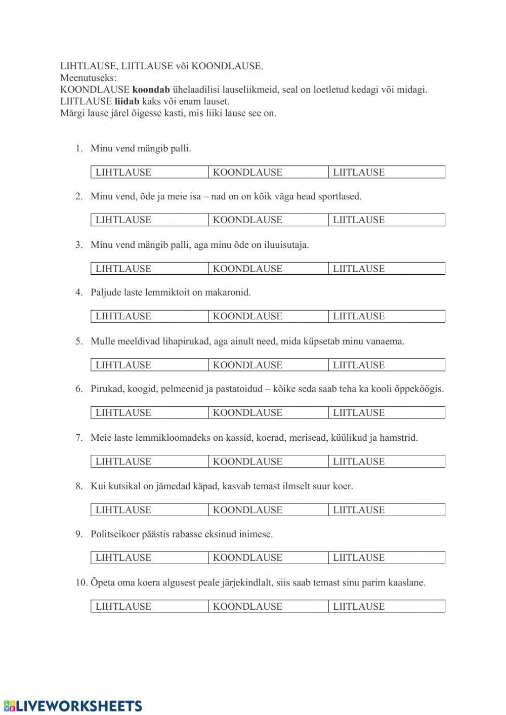 Määra liht-, liit- või koondlause