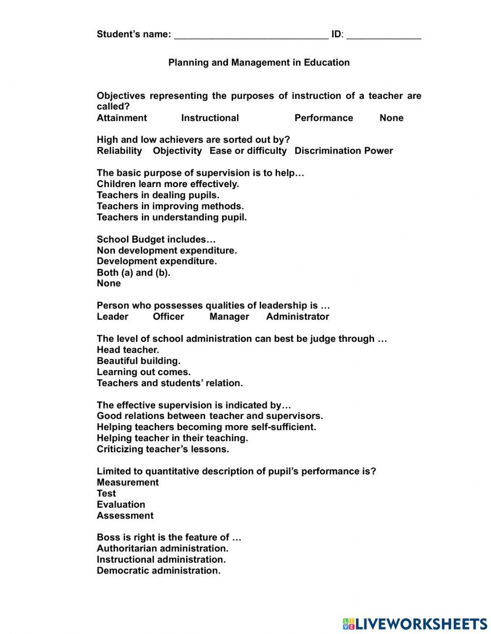 Planning and Evaluation in Education worksheet