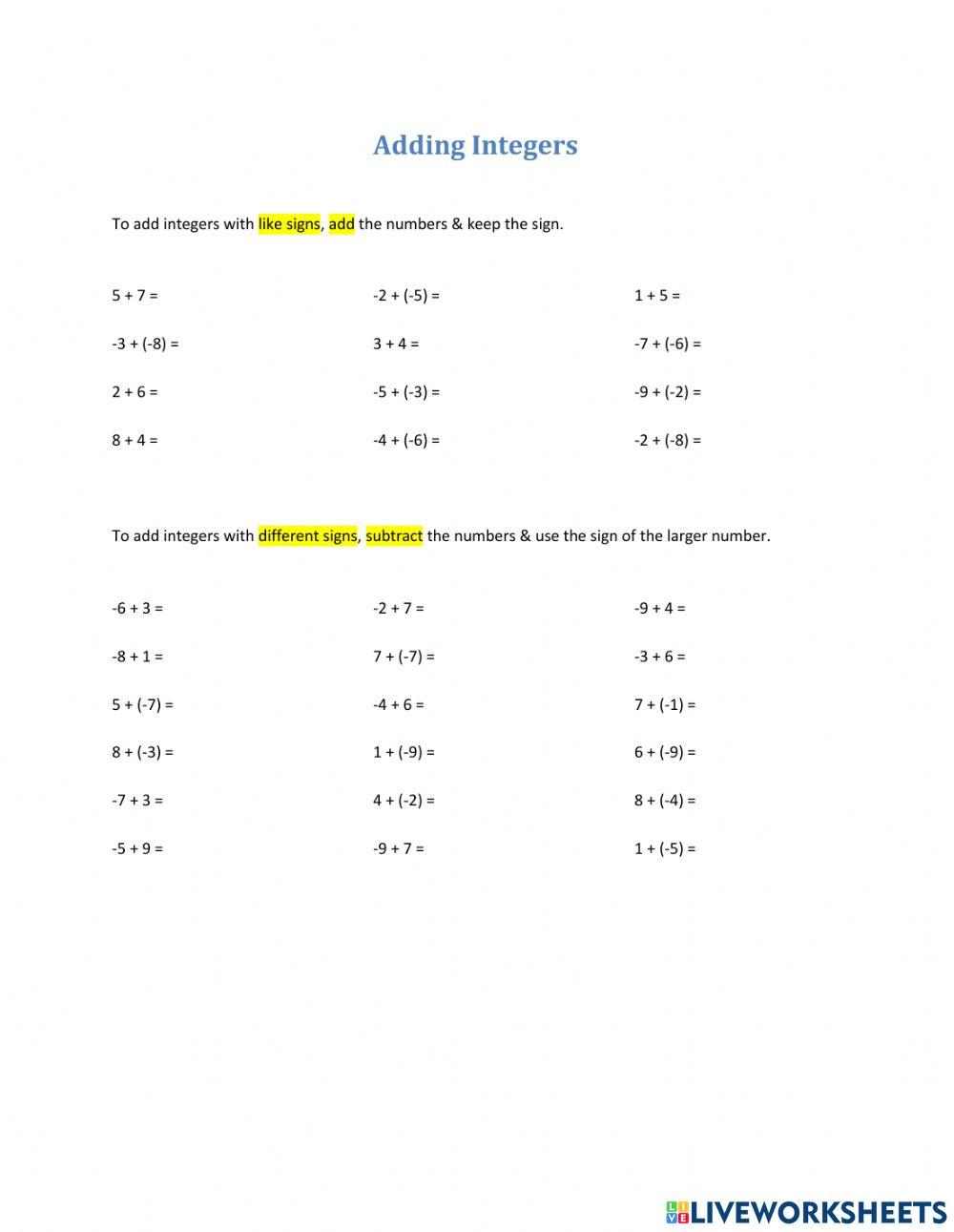 7020993 | Integer Addition | Ruth W | LiveWorksheets
