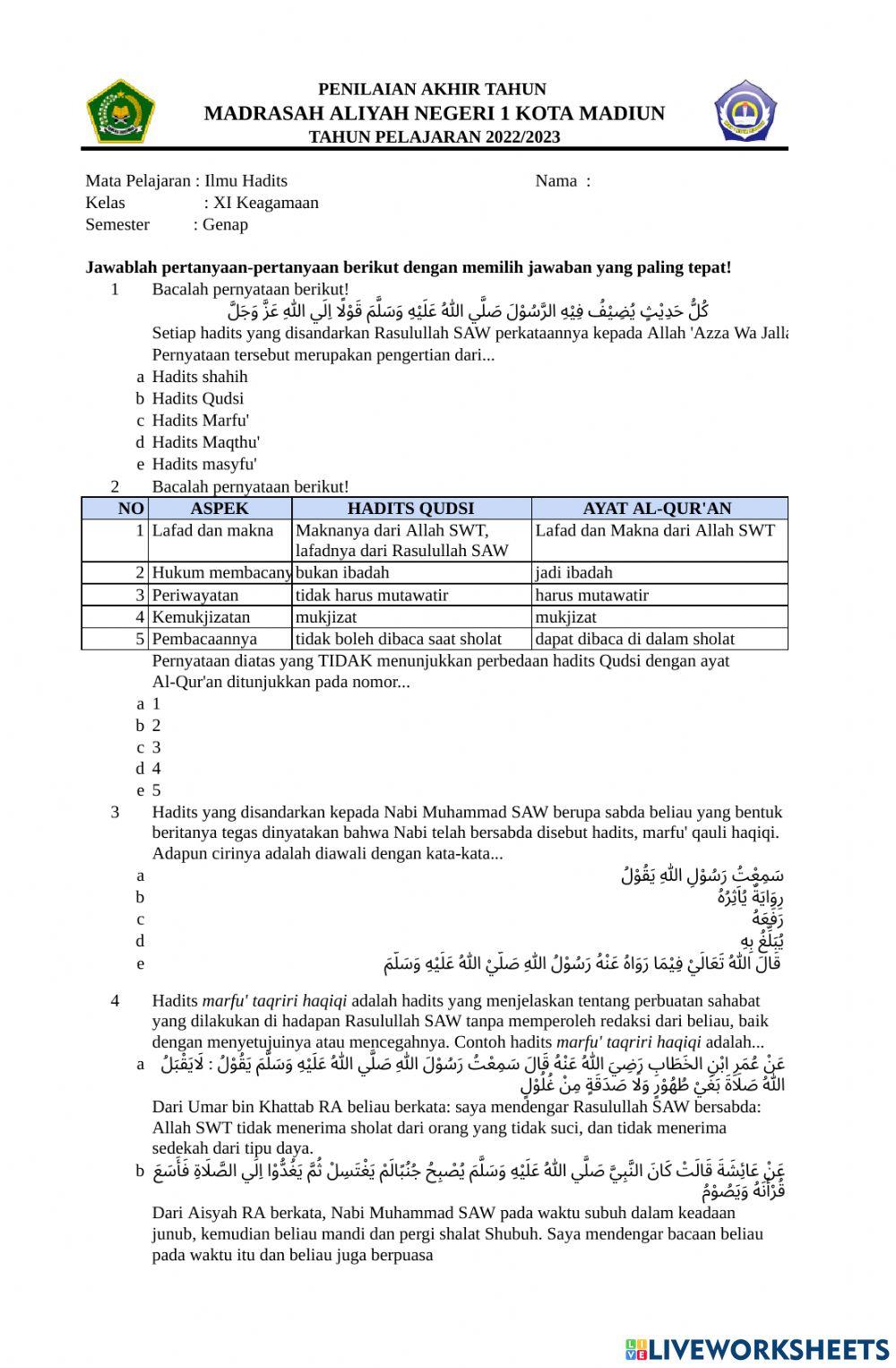 Remidi PAT Ilmu Hadits