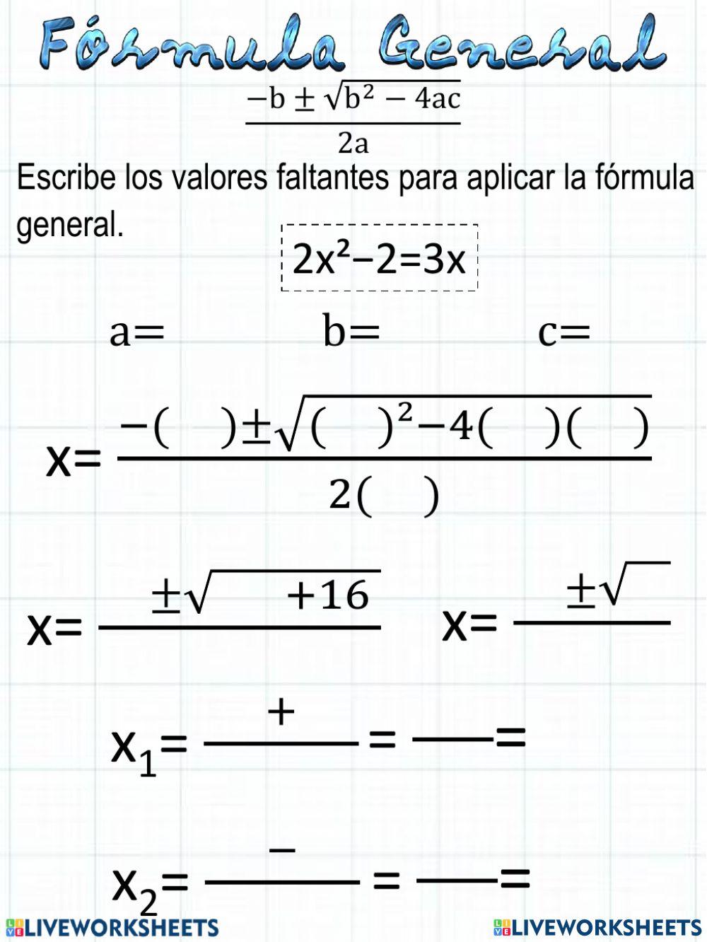 Formula ecuaci n cuadr tica online exercise for live worksheets