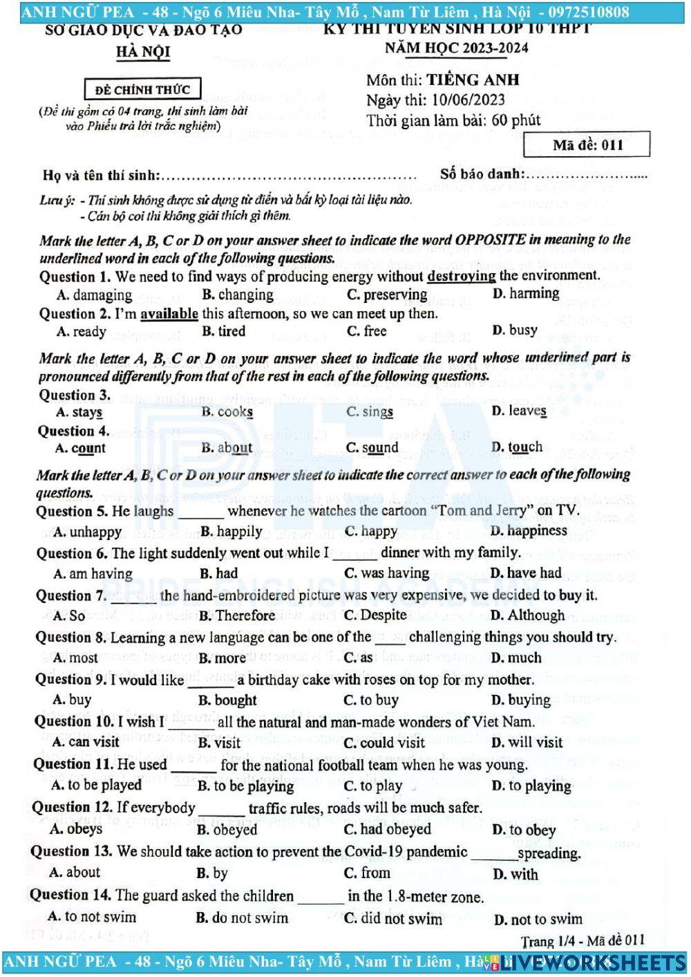 Đề thi tuyển sinh vào 10 Hà Nội năm 2023-2024
