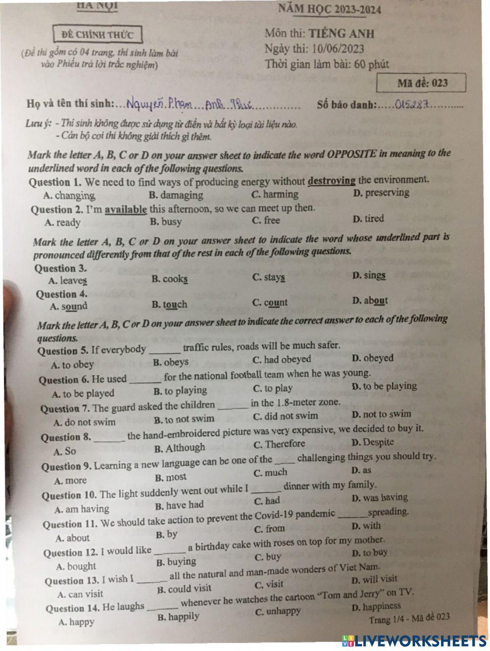 Đề Anh vào 10 Hà Nội 2023