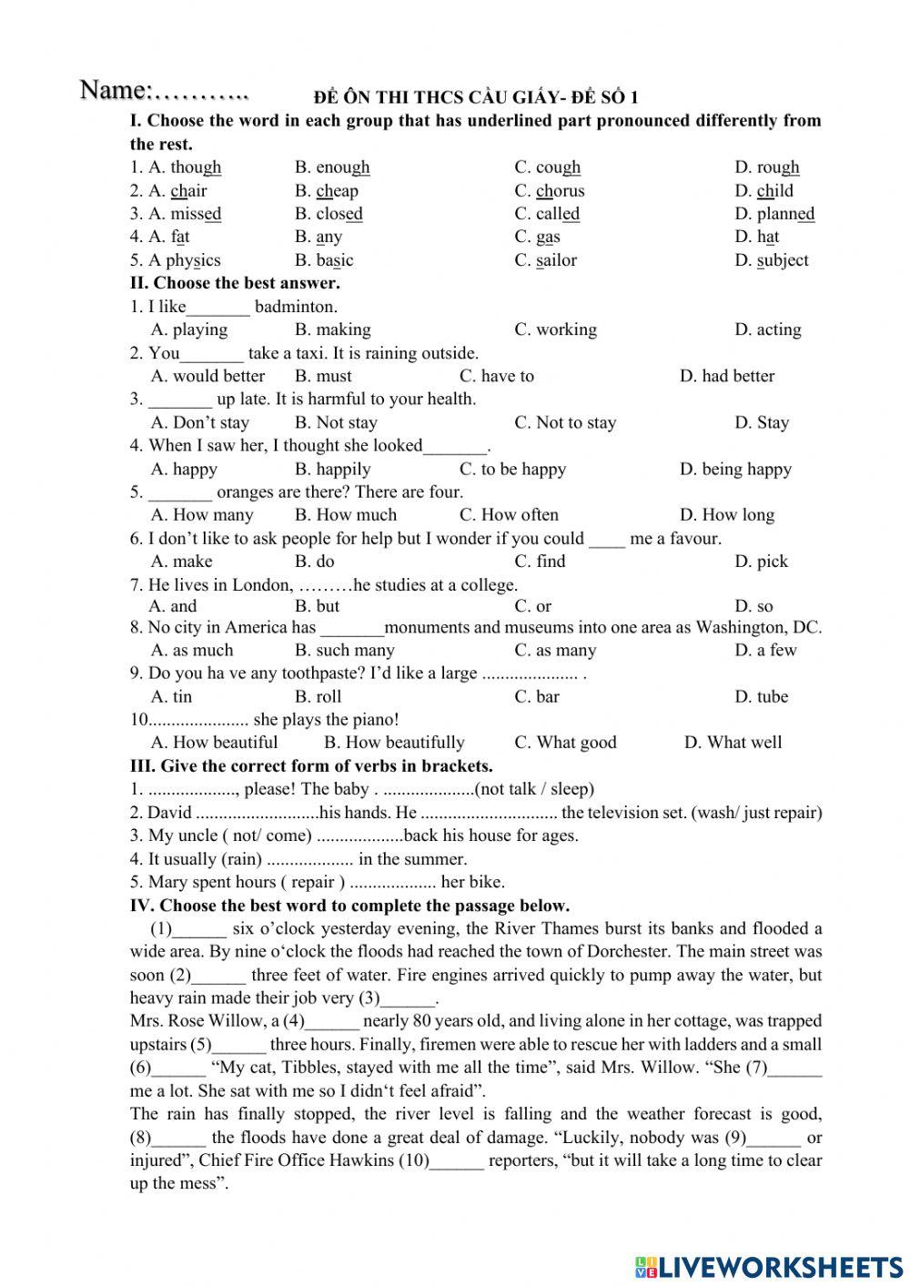 Đề thi thử trường Cầu Giấy số 1 new