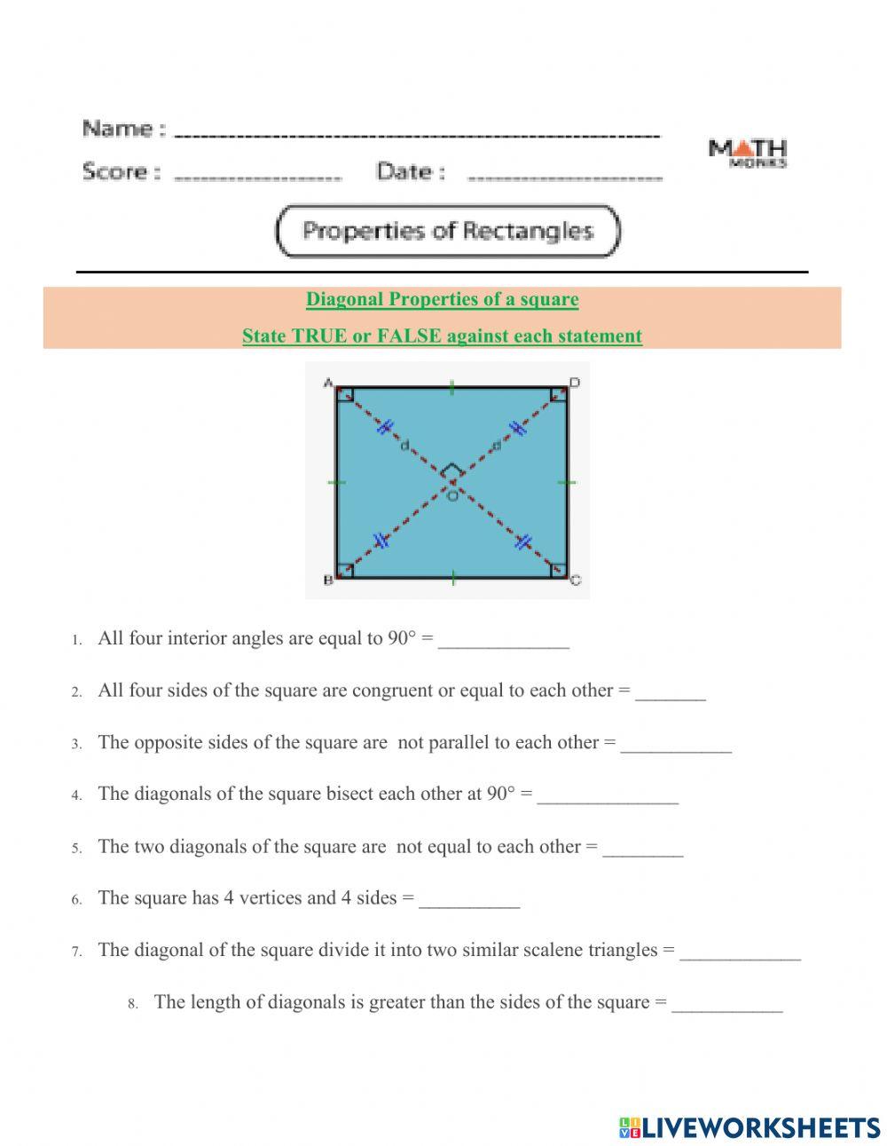 Properties of square and rectangle interactive worksheet