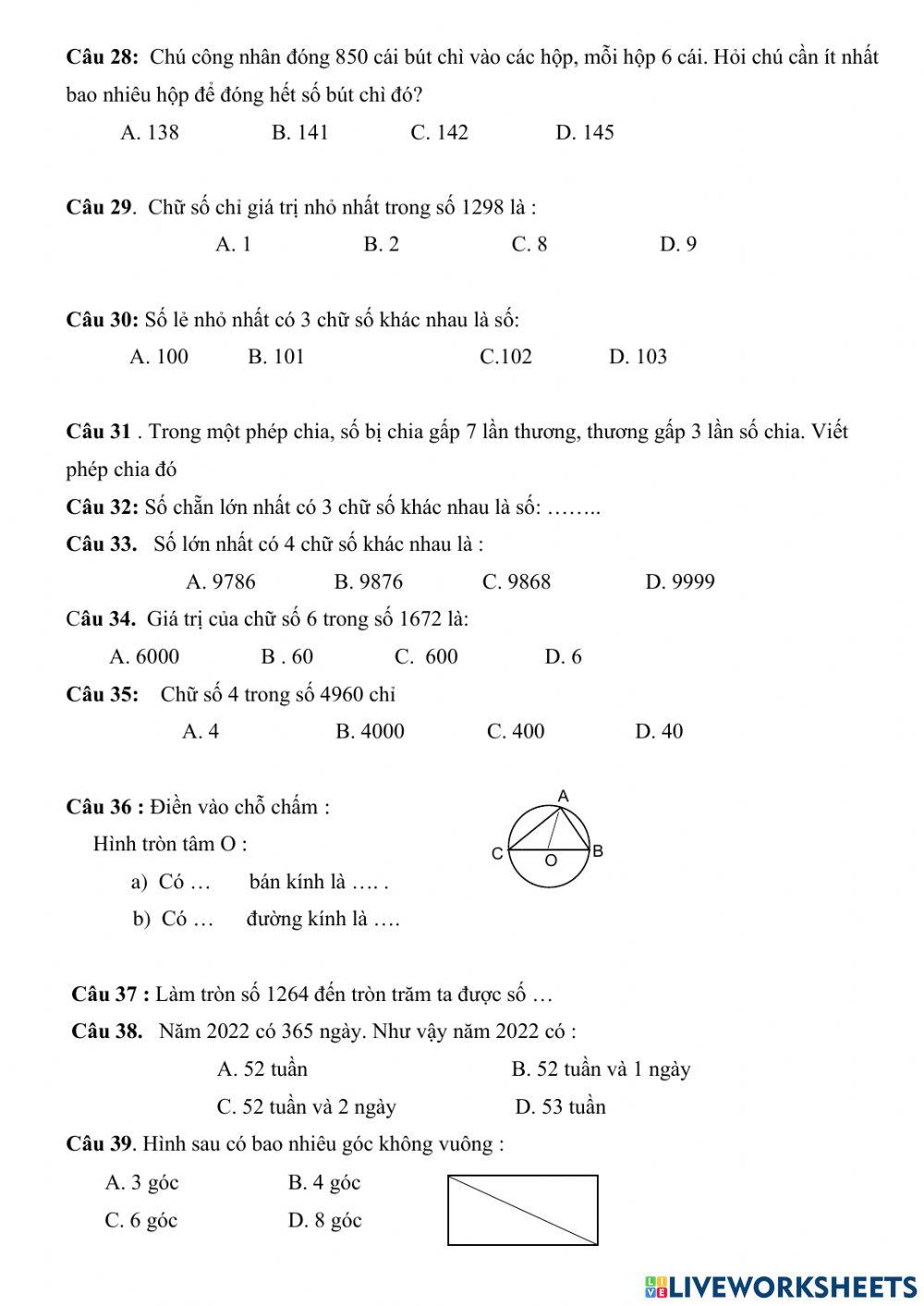 Đề khảo sát lớp 3