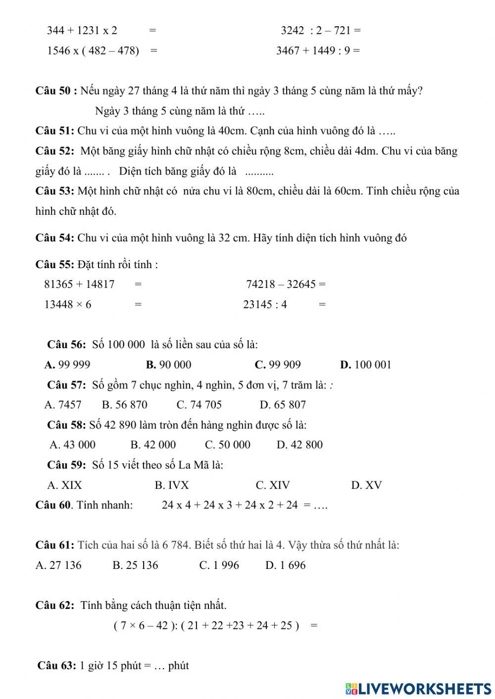 Đề khảo sát lớp 3