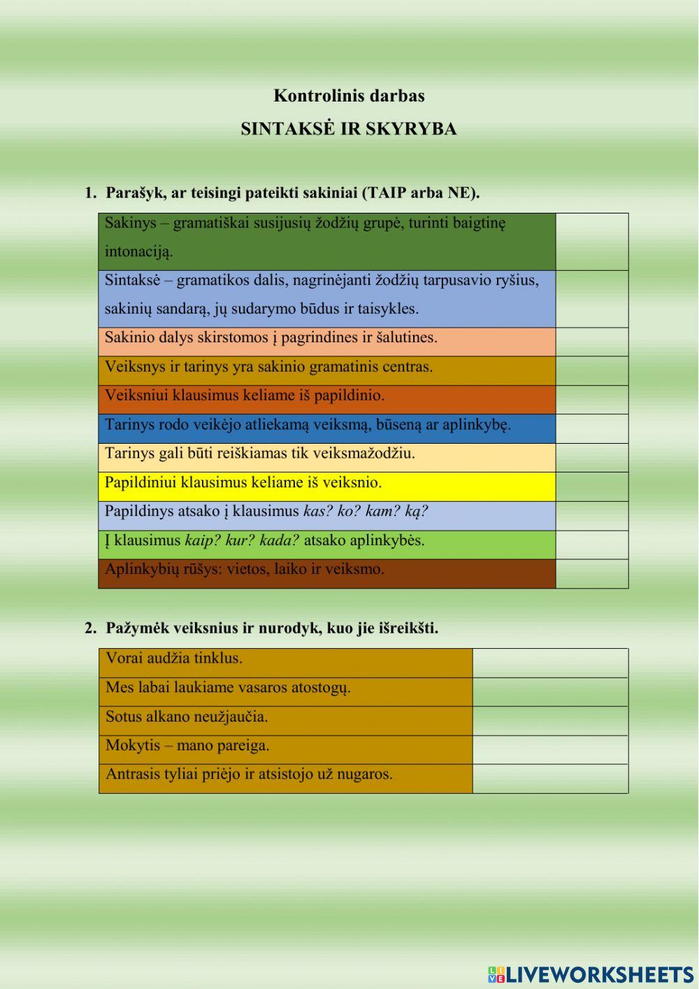 Kontrolinis darbas. Sintaksė ir skyryba