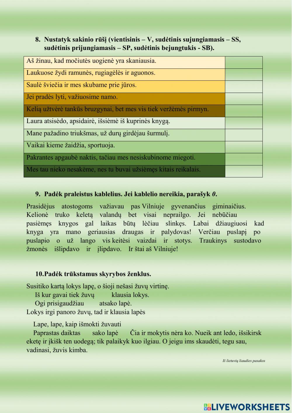 Kontrolinis darbas. Sintaksė ir skyryba