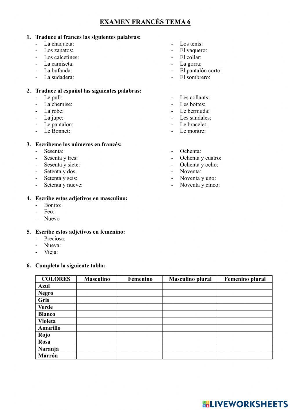 Examen francés 6º primaria: vestimenta, genero adjetivos y colores, y números