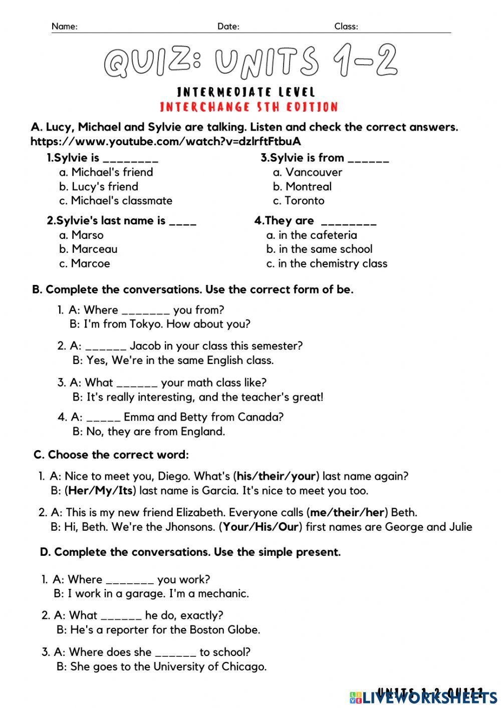 Interchange 5th edition 1 quiz units 1-2