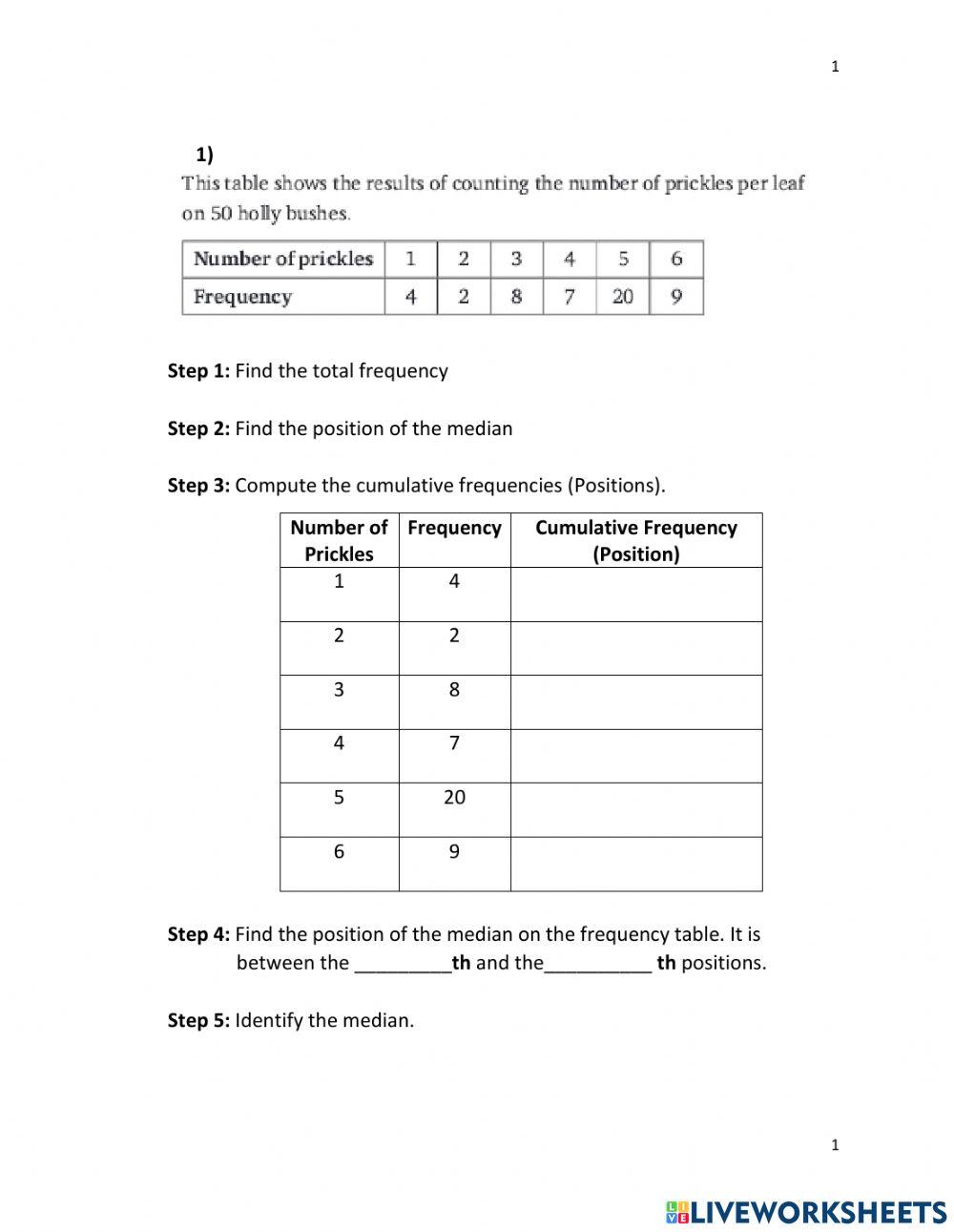 Find the Median Frequency Table online exercise for | Live Worksheets