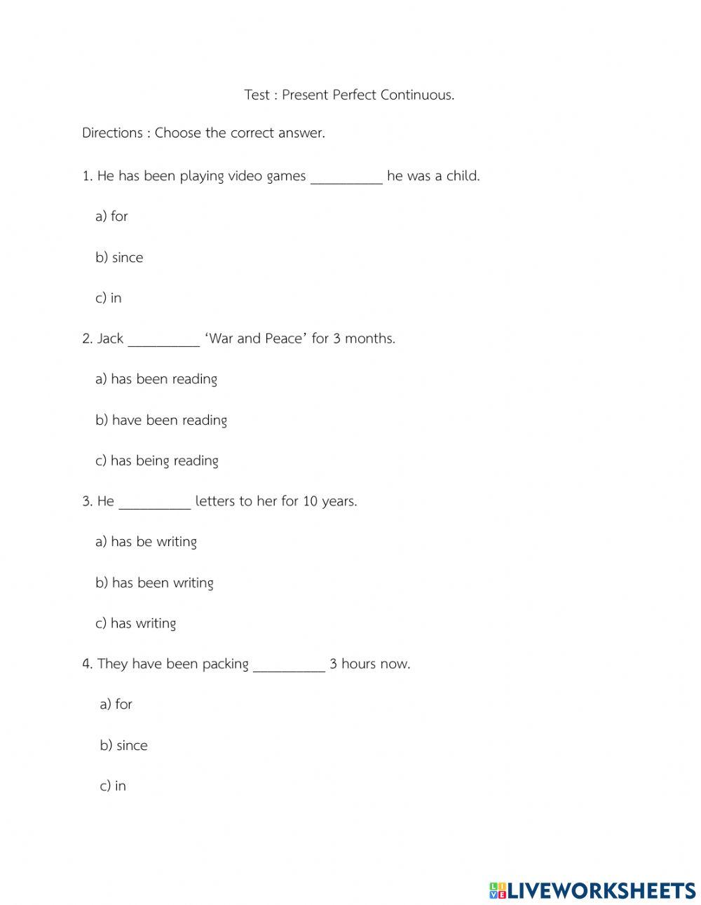 Present Perfect Continuous online exercise for Live Worksheets