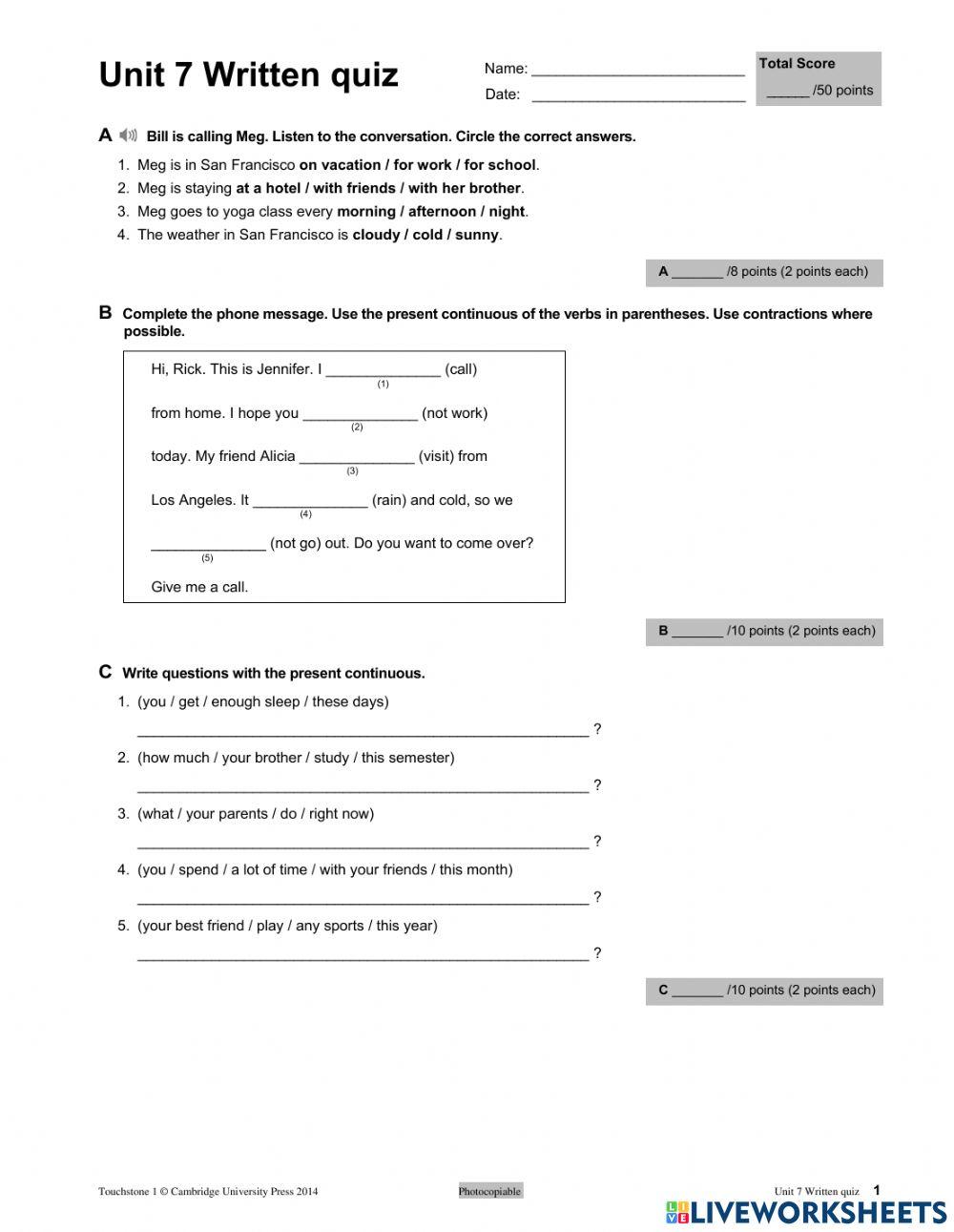 touchstone 1 unit 6 quiz