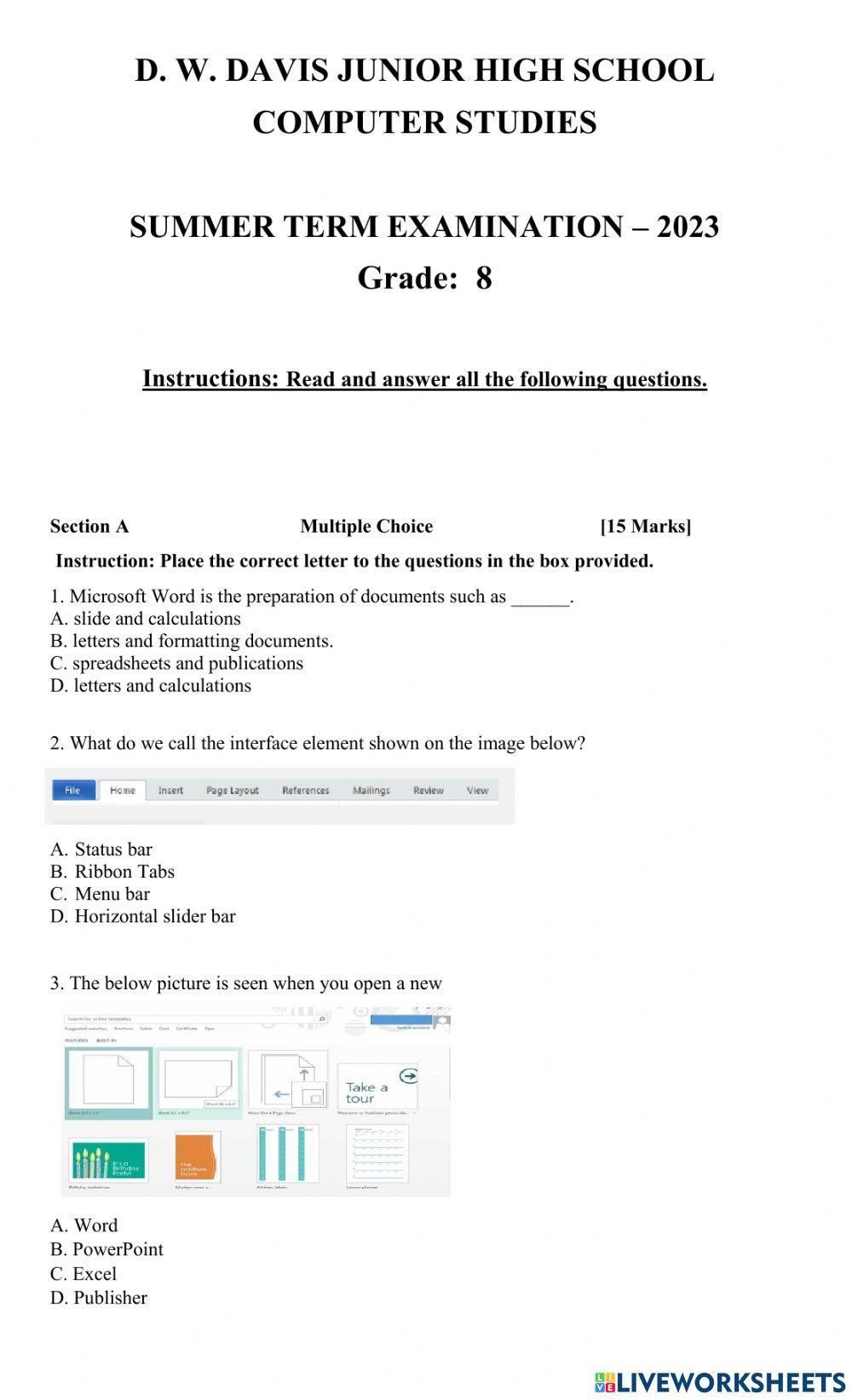 Grade 8 summer exam 2023