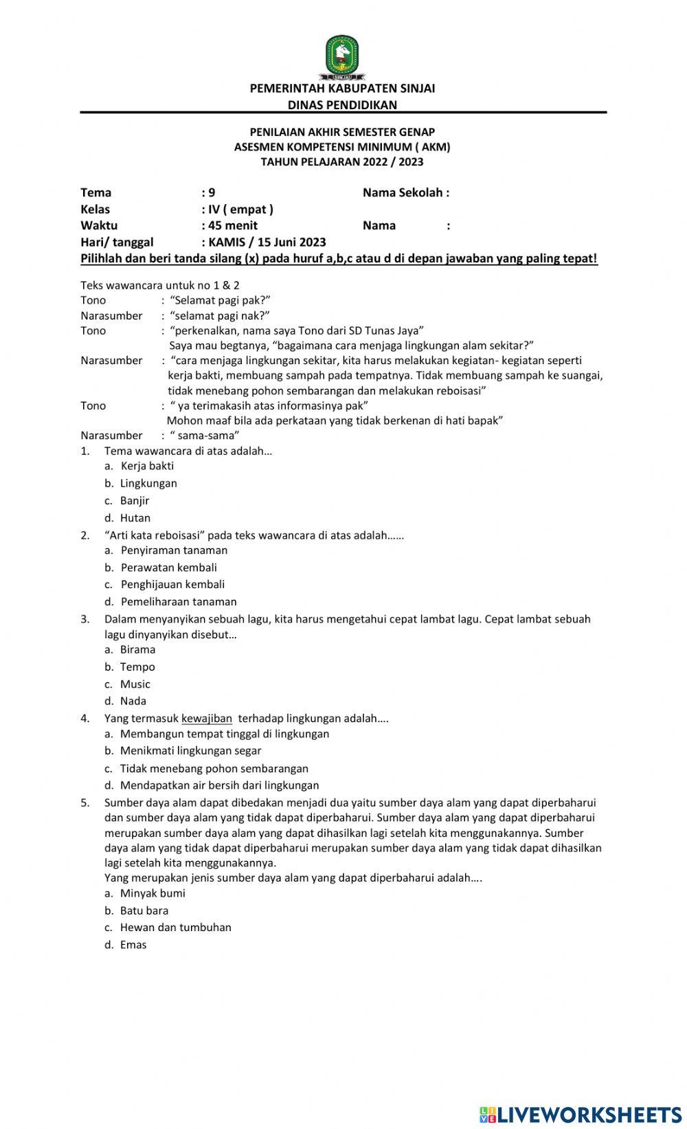 PAT TEMA 9 Kelas 4 2023