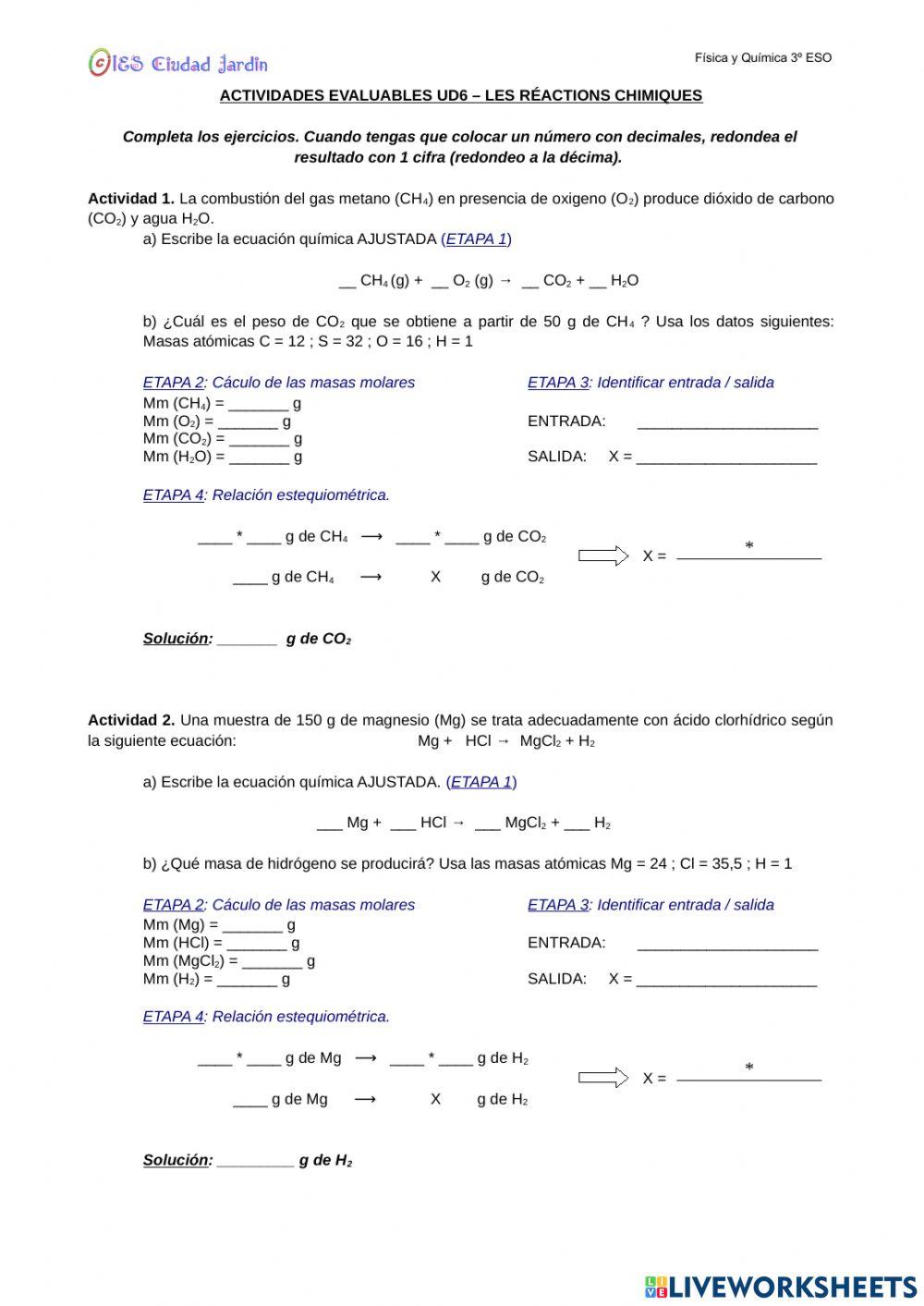 Actividades Cálculos Estequiométricos en masa