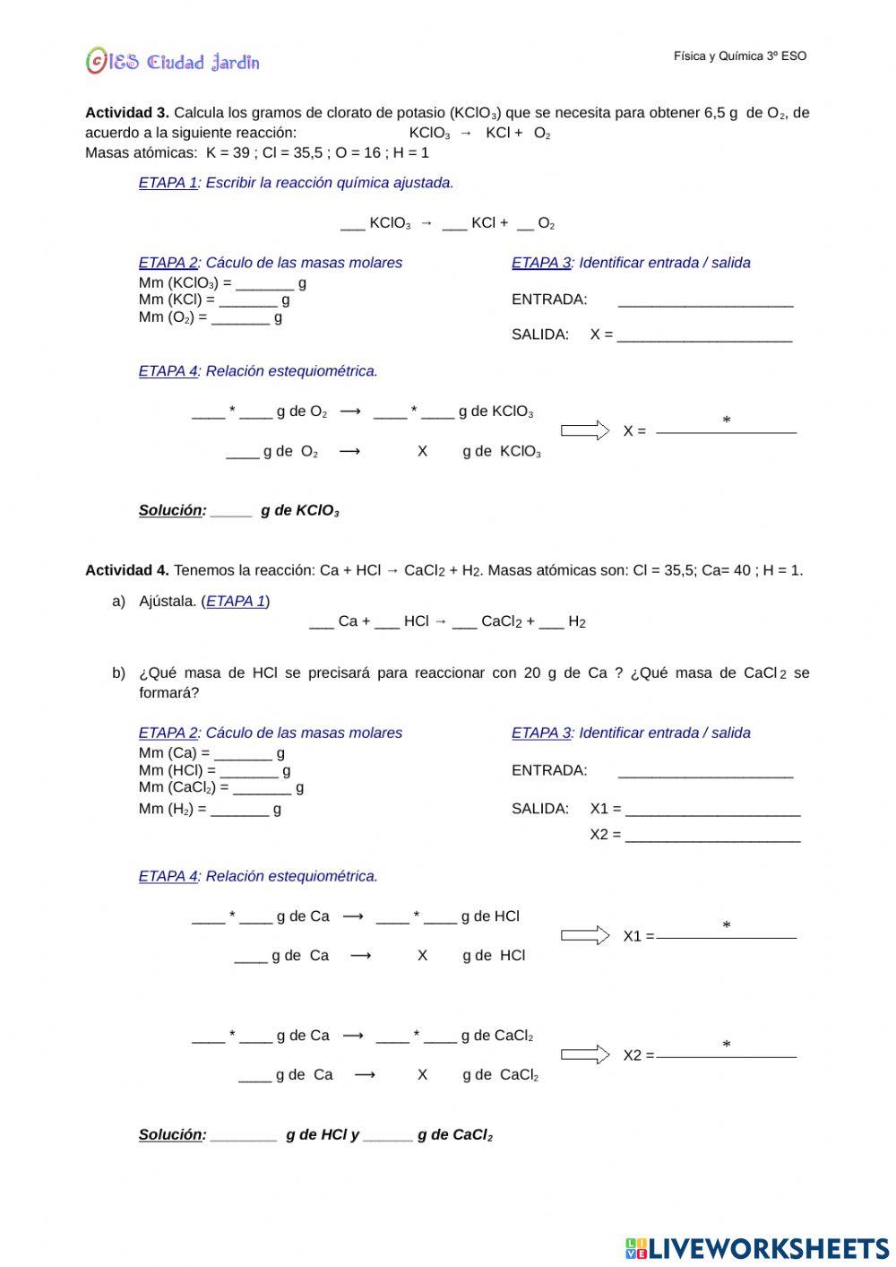 Actividades Cálculos Estequiométricos en masa