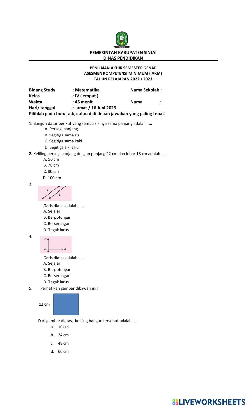 Pat matematika kls 4 2023