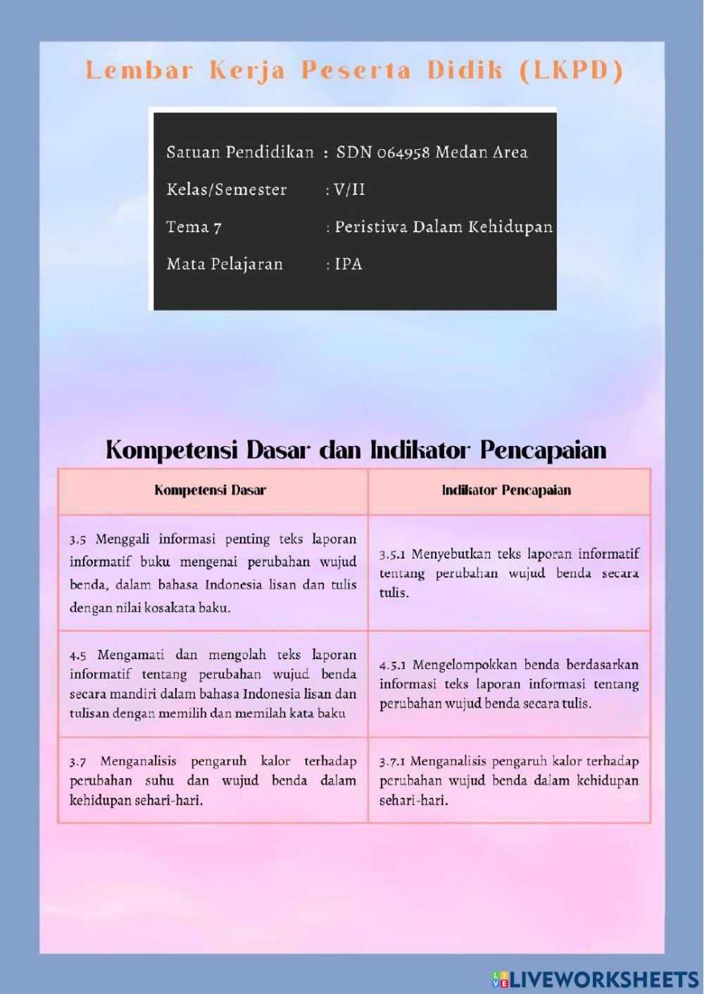 Live Worksheets Perubahan Wujud Benda Kelas V