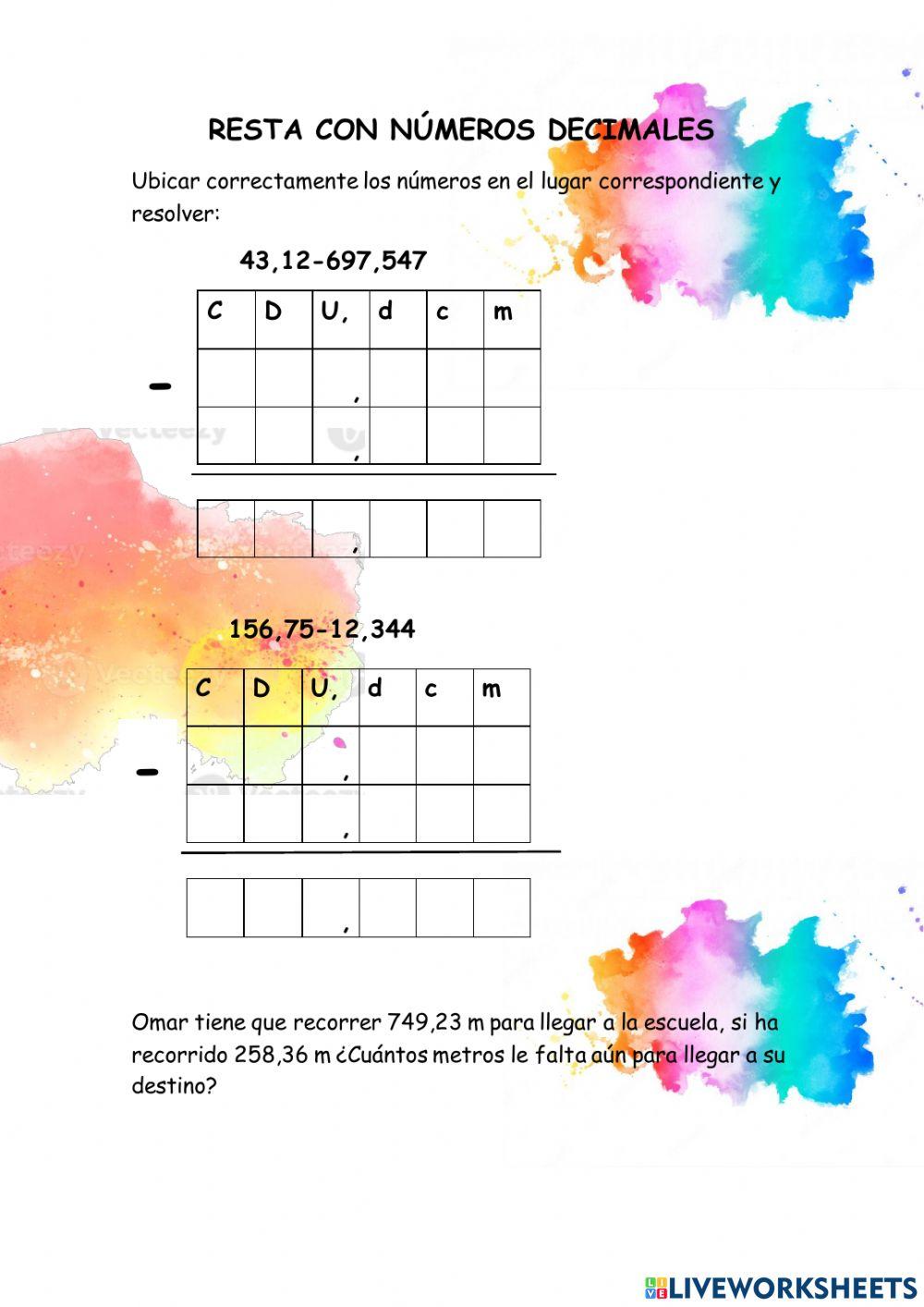 Operaciones de resta con números decimales