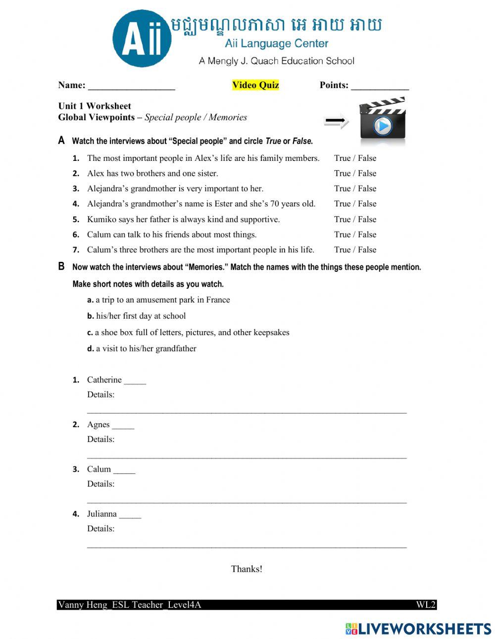WL2 3rd Edition-Unit 1-Video worksheet-GV