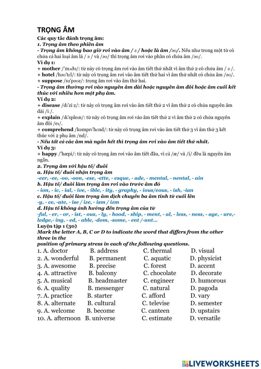 Trọng âm theo phiên âm