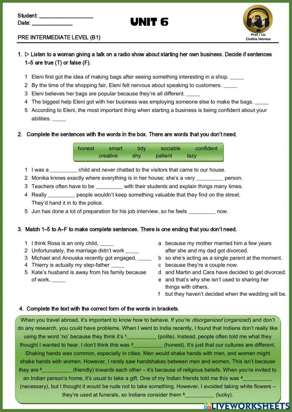 Unit 6 test - B1 LEVEL