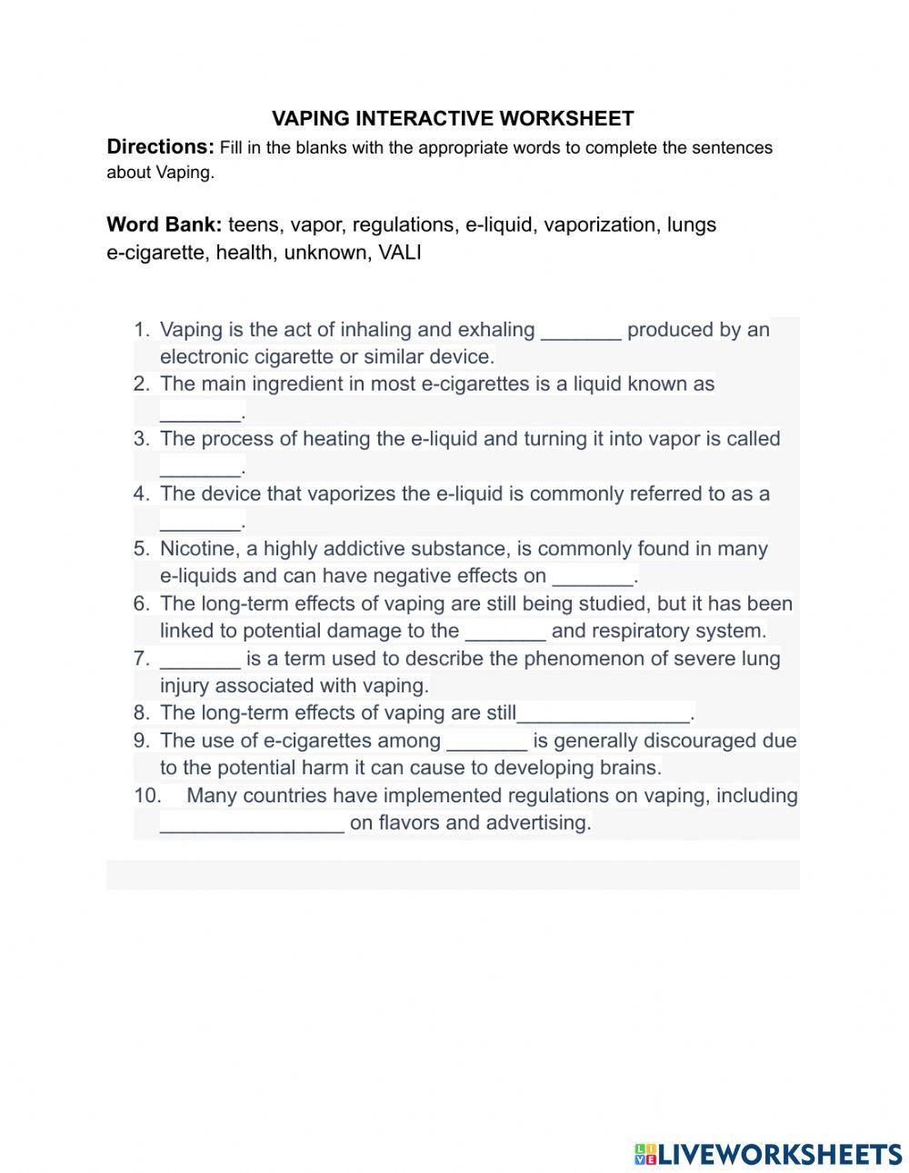 Vaping Interactive Worksheet worksheet Live Worksheets