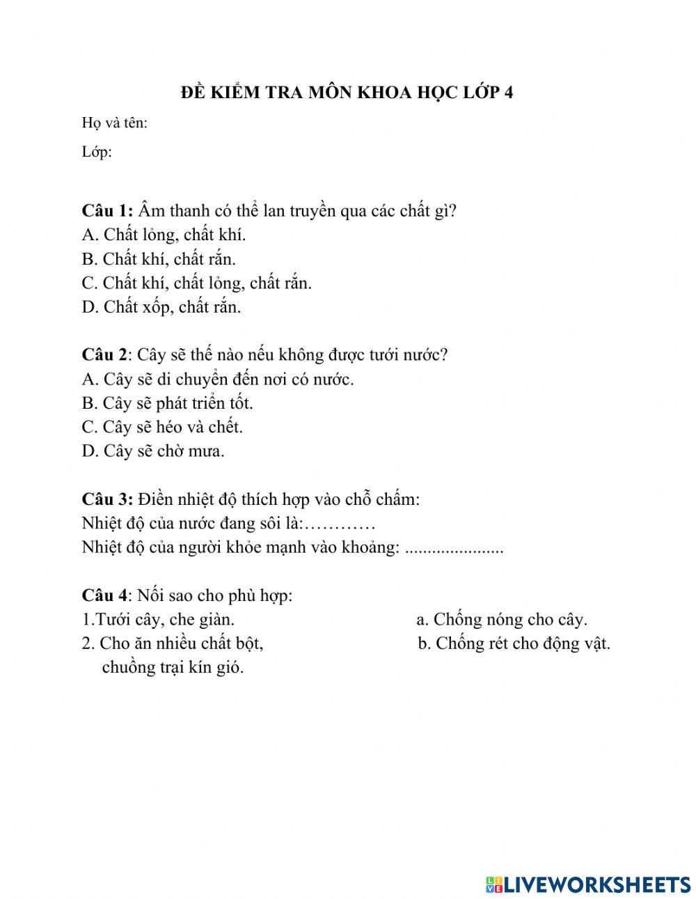 Bài kiểm tra khoa học 4