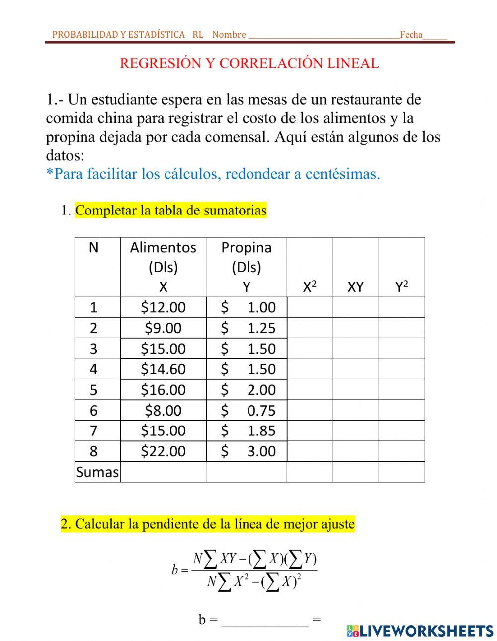 Regresión y correlación Alimentos vs Propinas