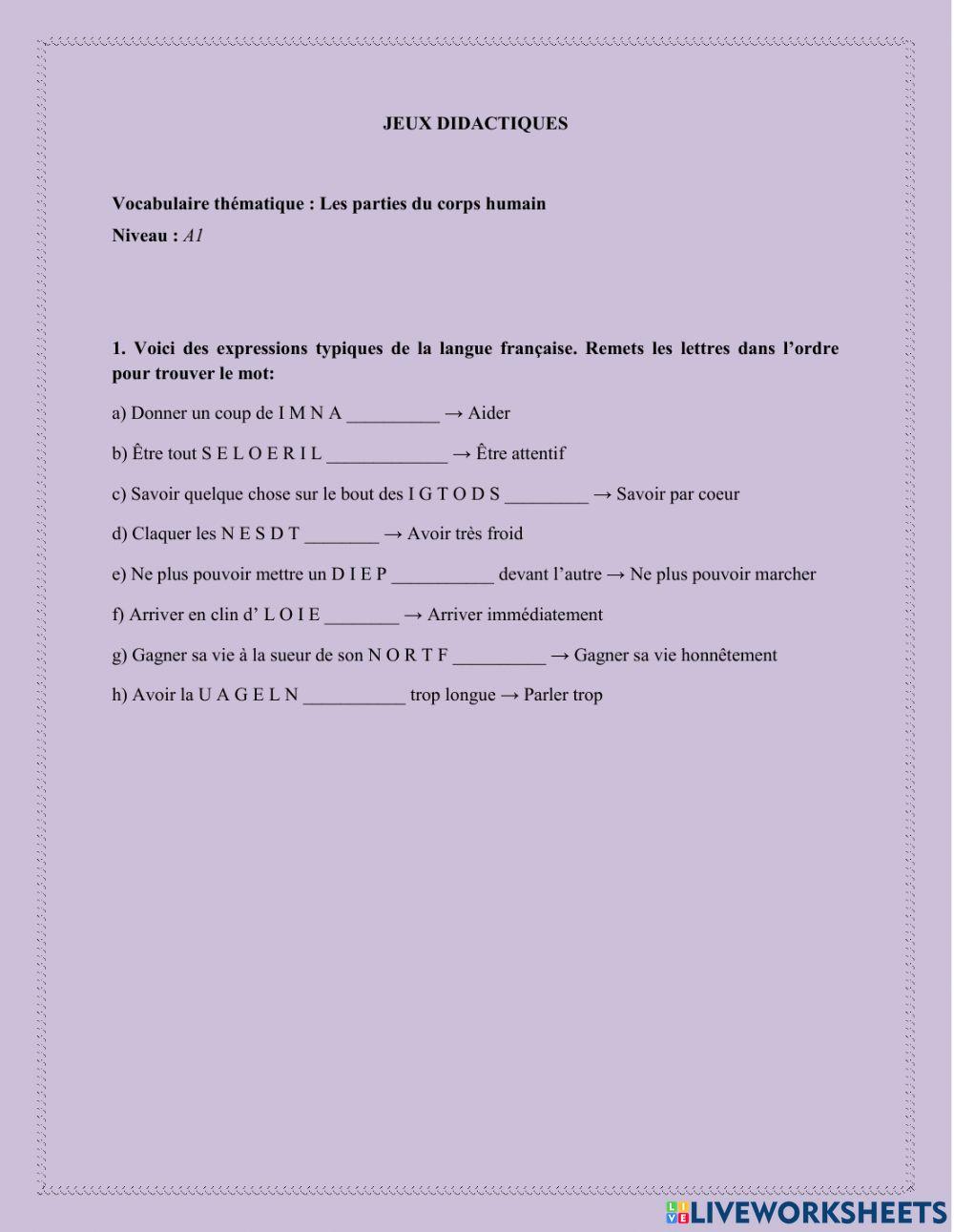 Les parties du corps humain -JEUX DIDACTIQUES