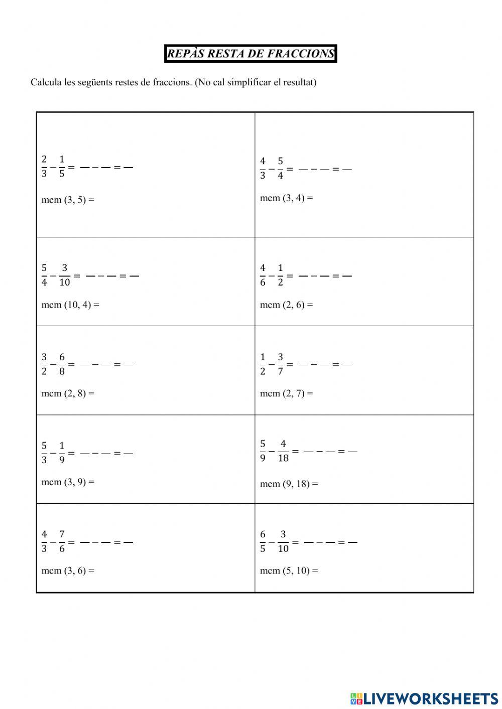 Resta de fraccions (dif denom) 1