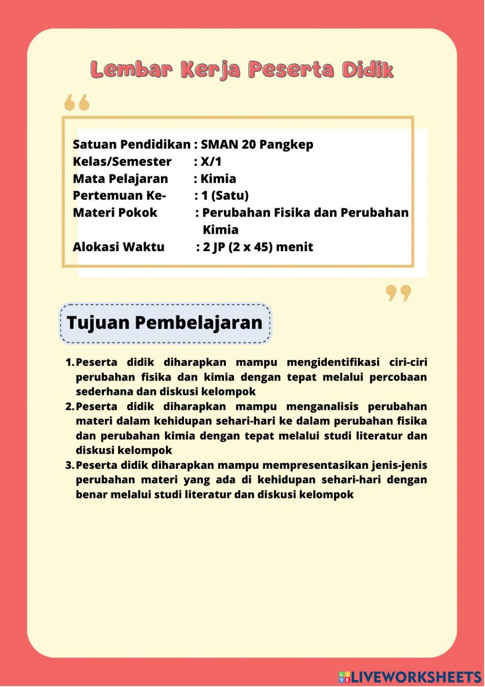 Lkpd kelas x perubahan fisika dan perubahan kimia