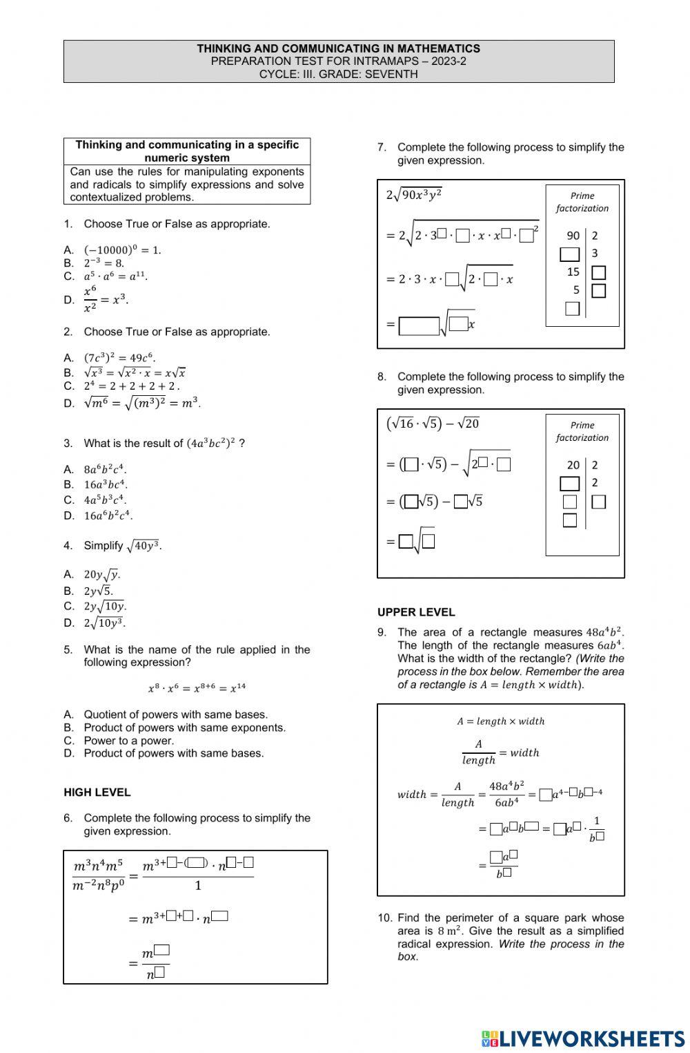 Preparation Test for INTRAMAPS 2 - 7th grade