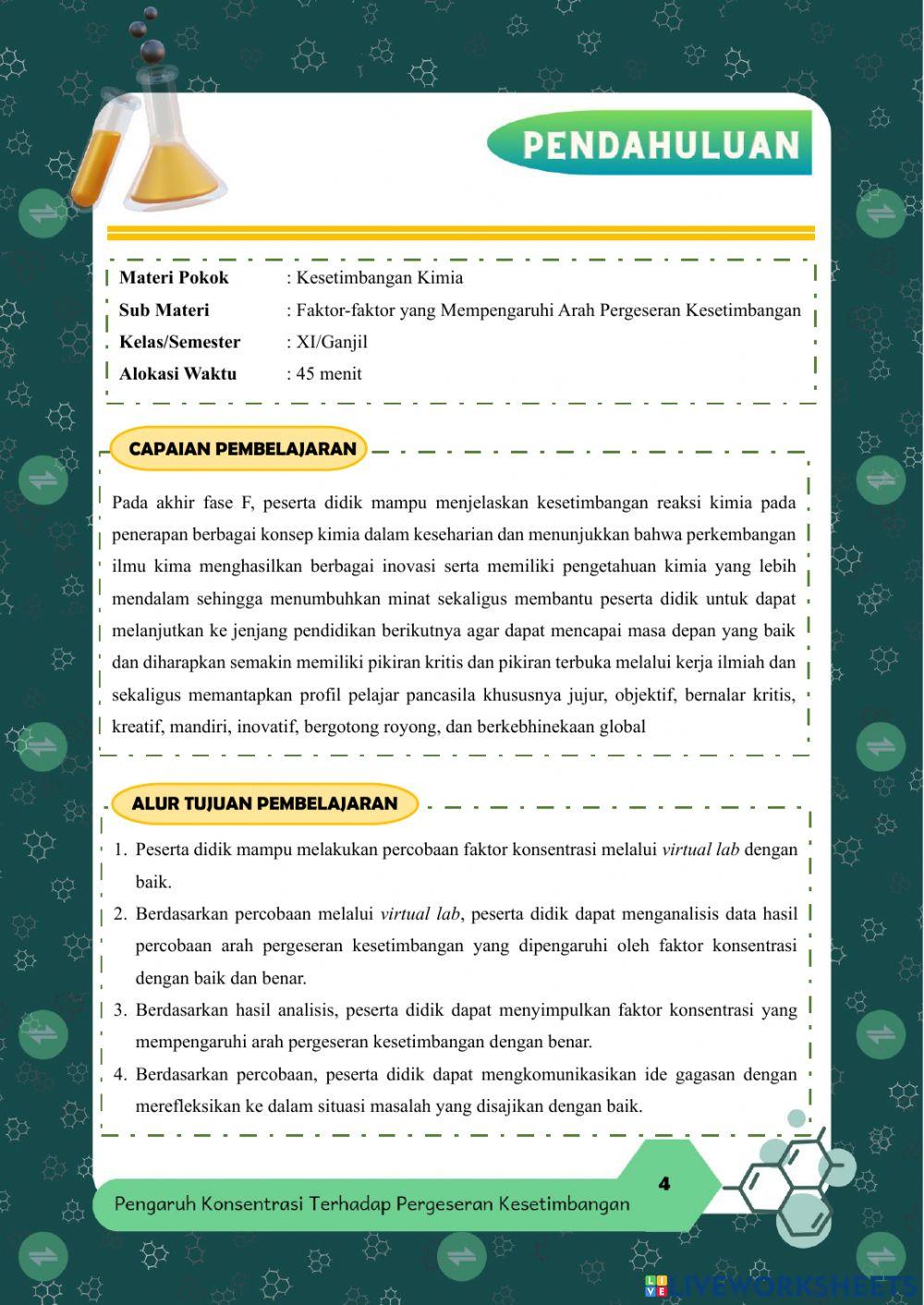 E-LKPD Inkuiri Terbimbing faktor konsentrasi yang mempengaruhi arah pergeseran kesetimbangan kimia