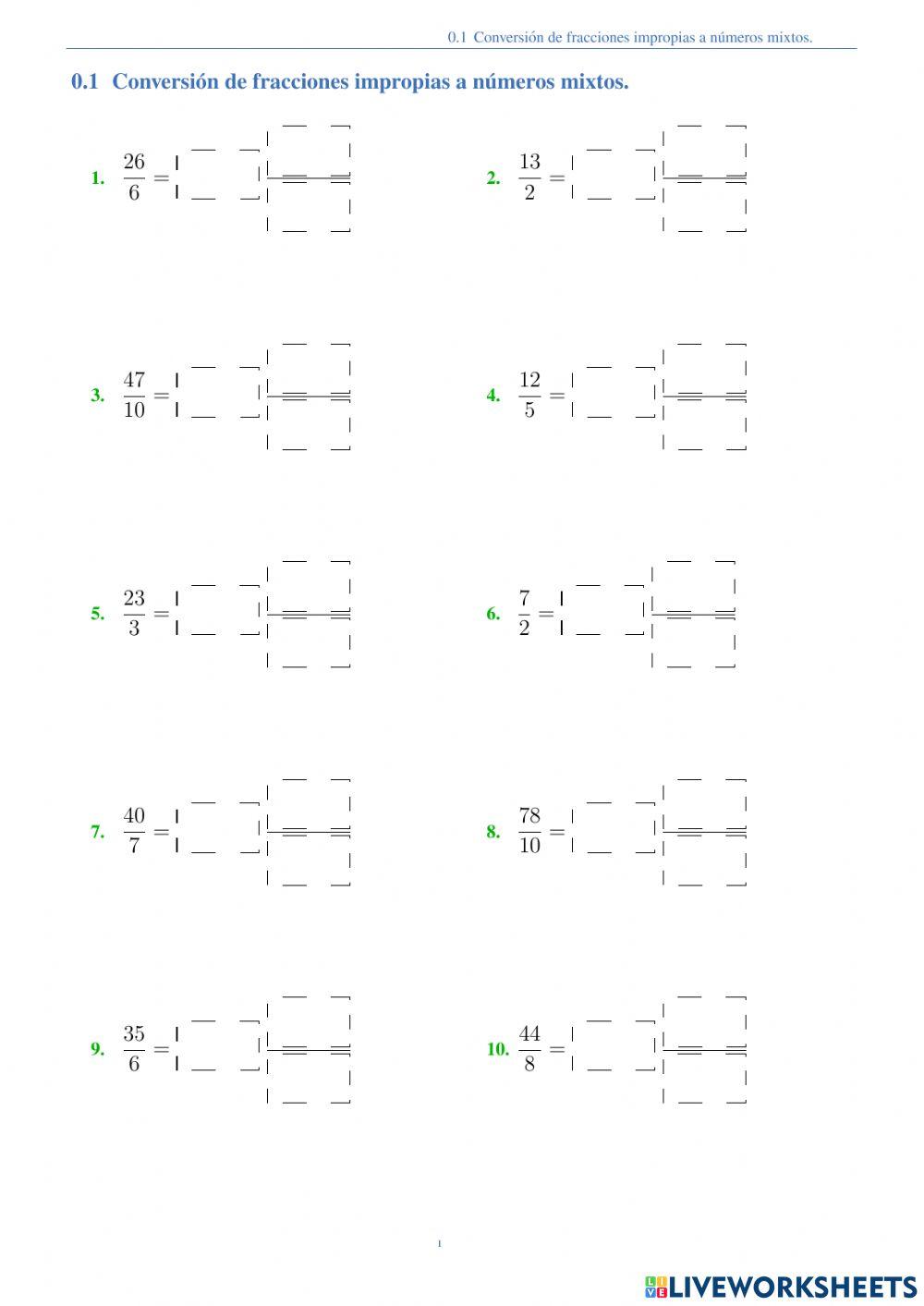 Fracciones impropias a números mixtos y viceversa