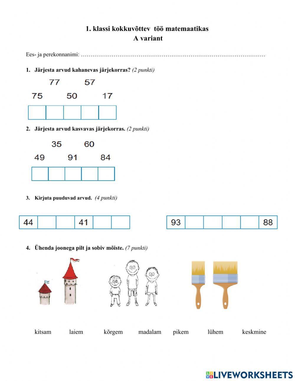 Matemaatika tasemetöö 1. klass 2023