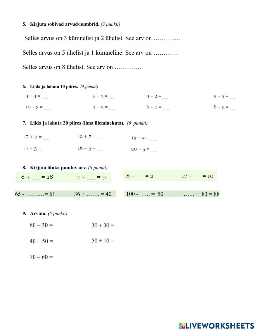 Matemaatika tasemetöö 1. klass 2023