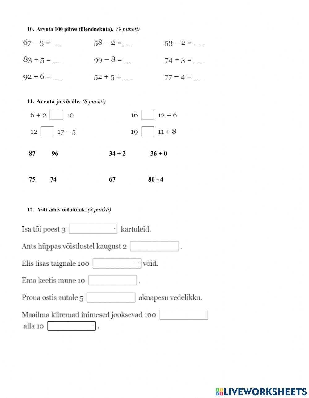 Matemaatika tasemetöö 1. klass 2023