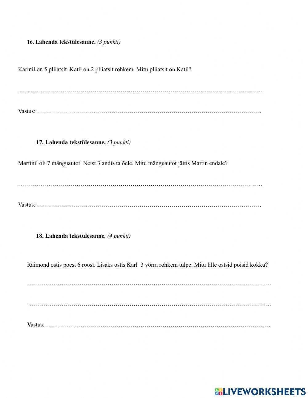 Matemaatika tasemetöö 1. klass 2023