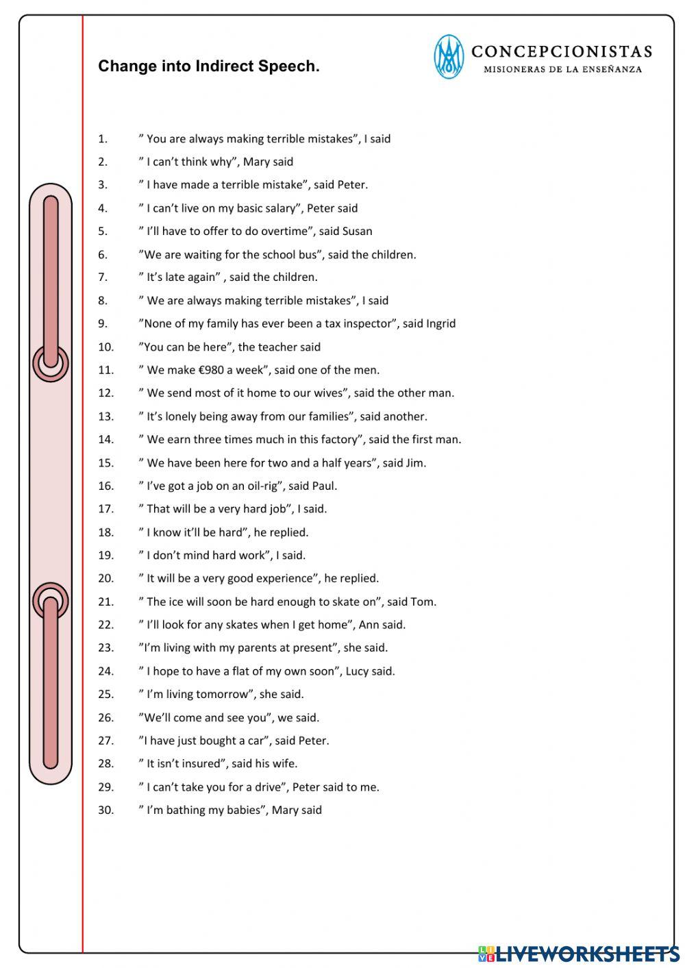 REPORTED SPEECH TEST 10th GRADE online exercise for | Live Worksheets