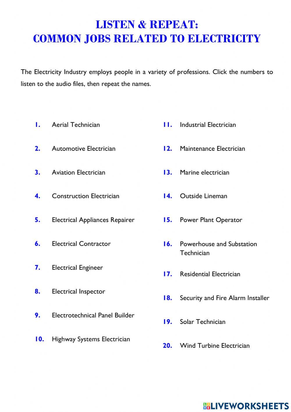 Listen & Repeat: Common jobs related to Electricity