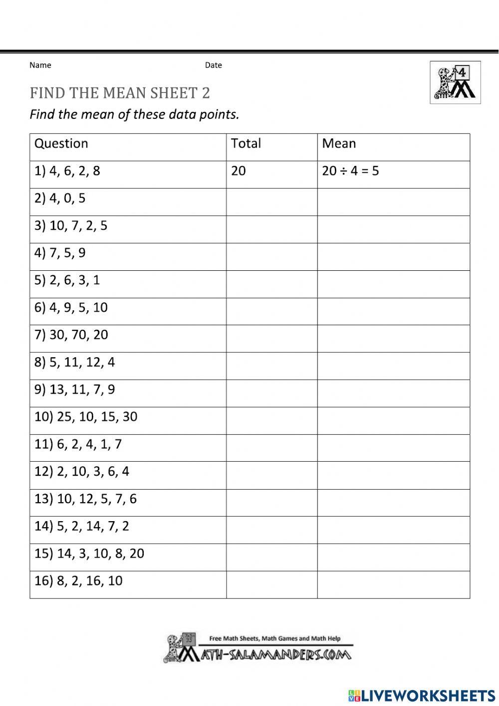 Calculating Mean Worksheet 2 online exercise for | Live Worksheets