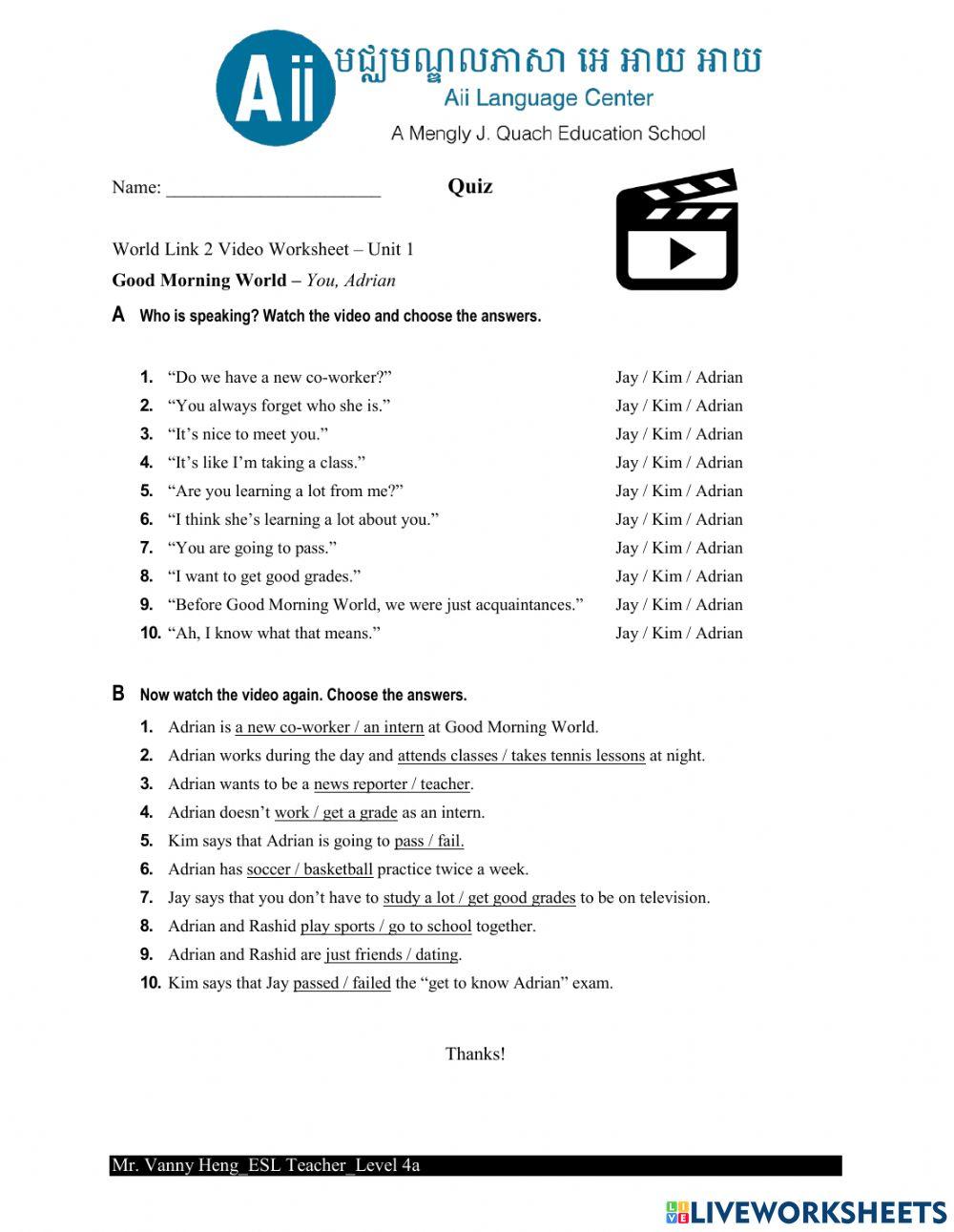 WL2 4th Edition-Unit1-Videoworksheet-GW