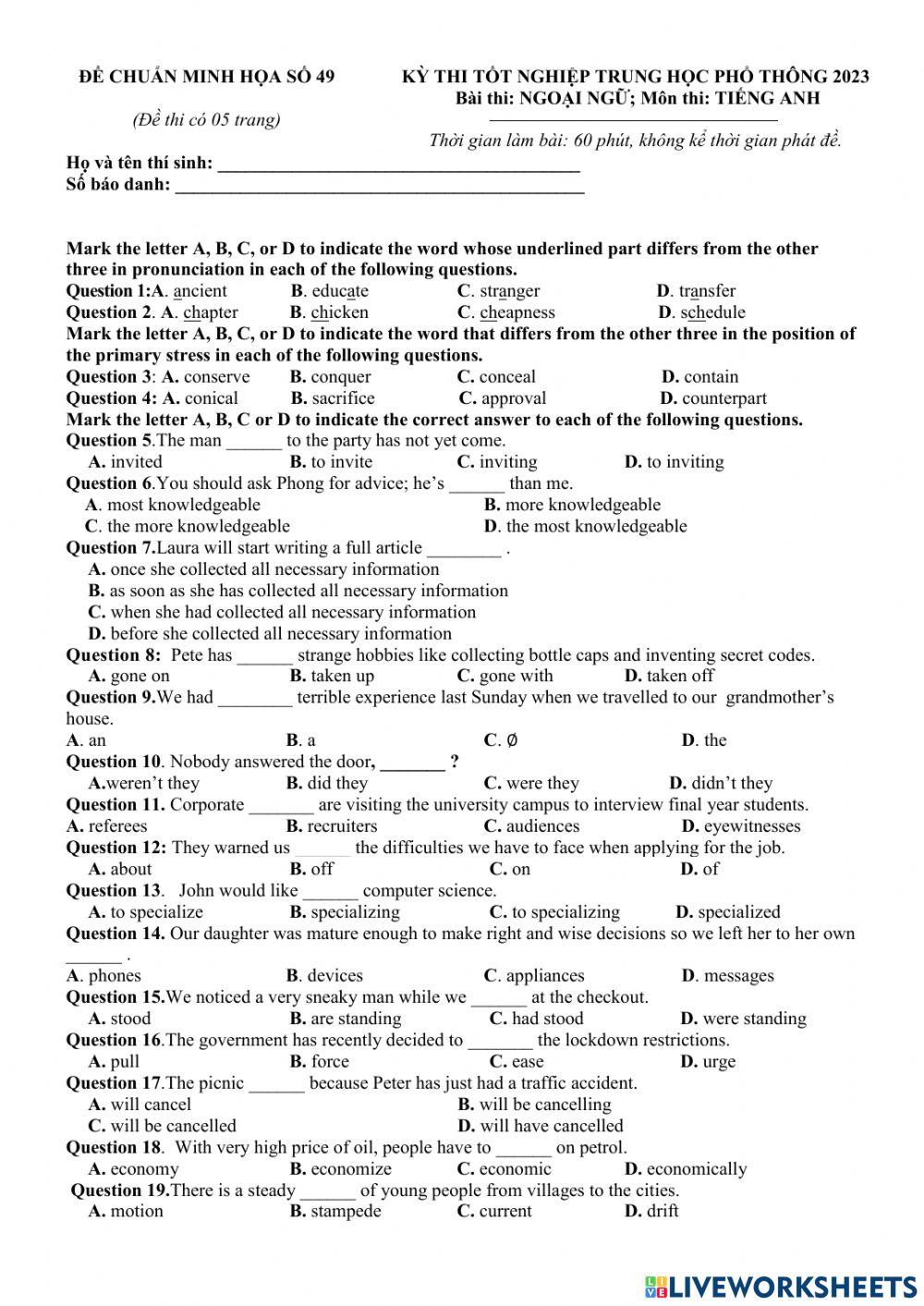 Mock Test No49 - 2023