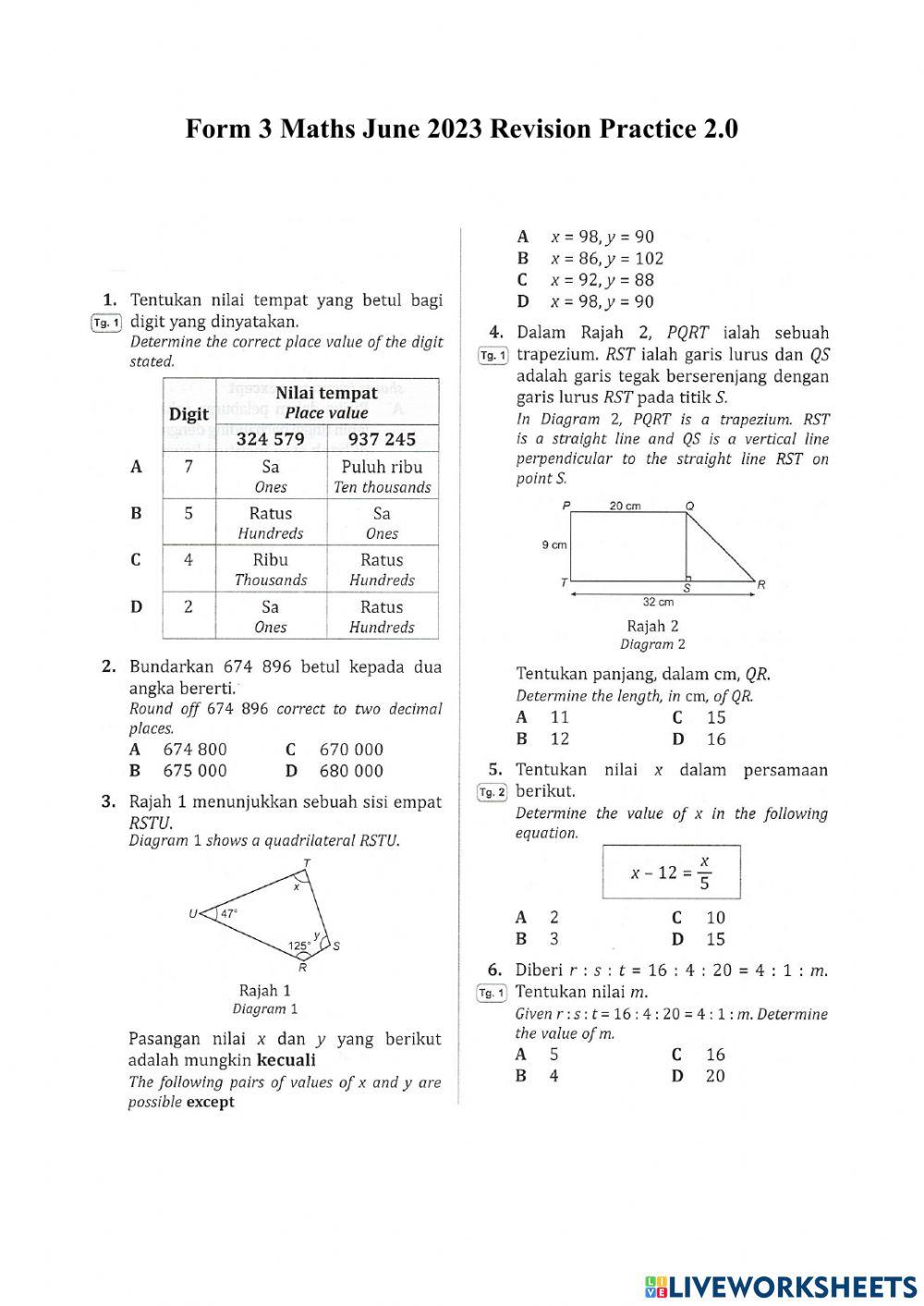 Form 3 Maths June 2023 Revision Practice 2.0 online exercise for | Live ...