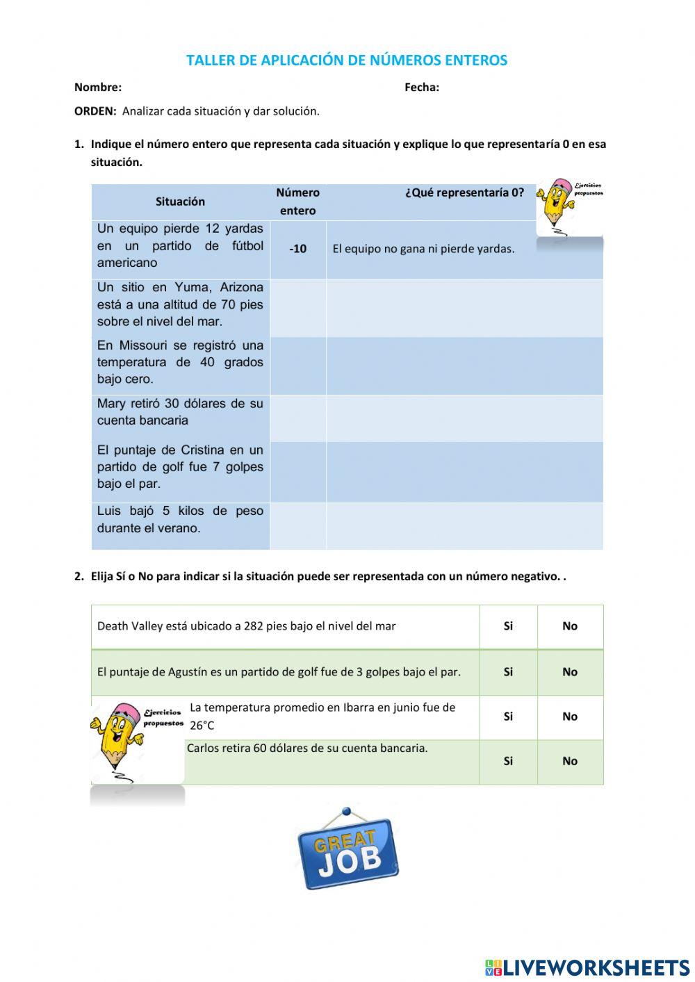 Taller aplicación de números enteros
