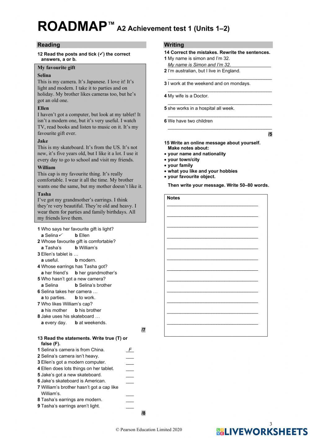 Roadmap A2 Achievement test 1
